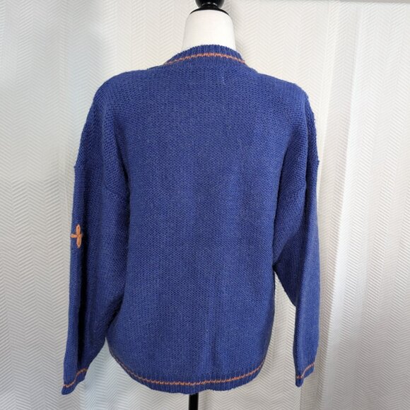 Vintage 80s Chunky Cable Knit Cardigan Blue Orange Wool Blend Est. size M to L - Picture 3 of 16